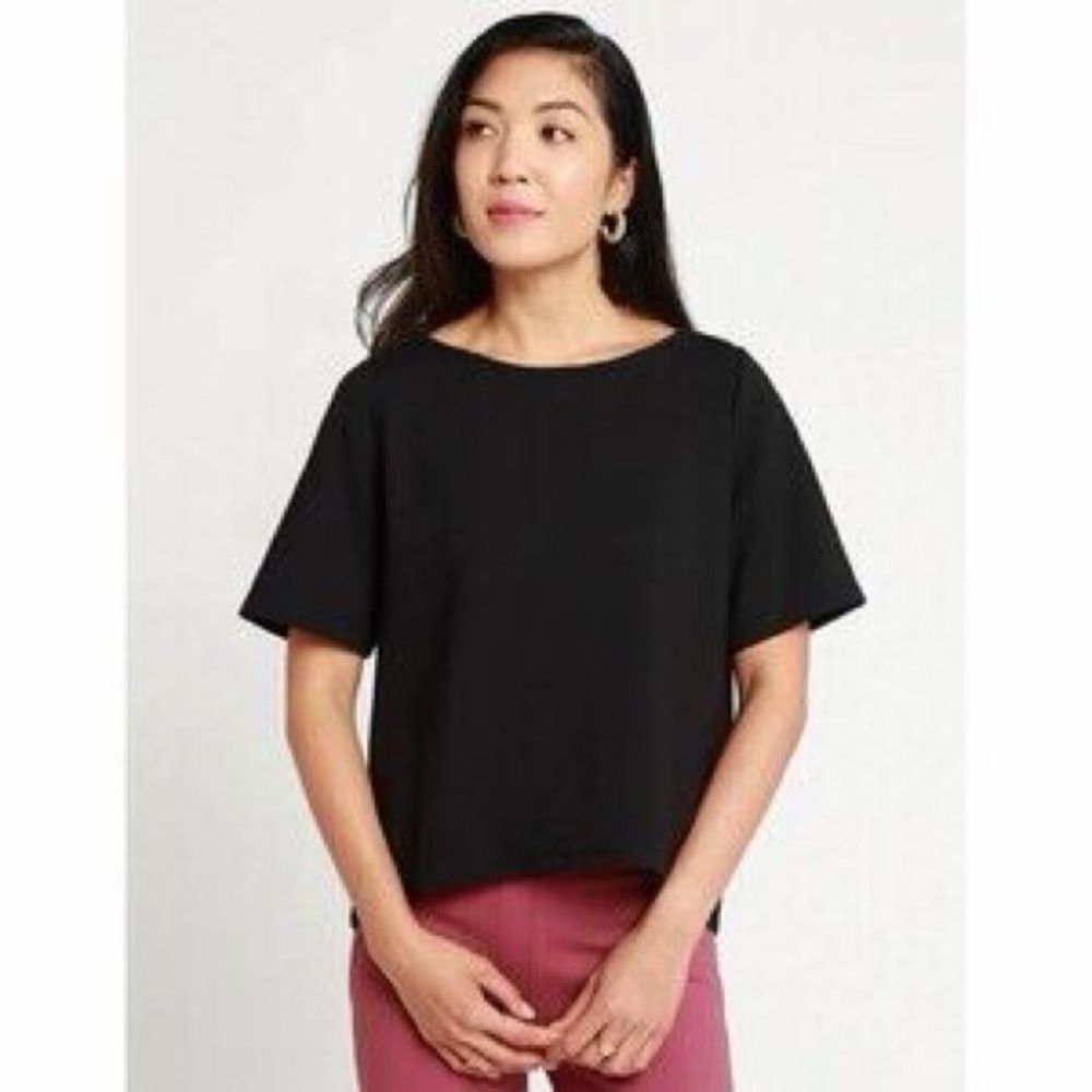 Betabrand Women's Boxy Short Sleeve High Low Top
Black Ponte Knit Size XXL